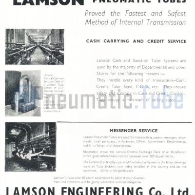 Lamson Pneumatic Tubes Proved the Fasted and Safest Method of Internal Transmission 1947