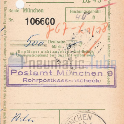 Rohrpostkassenscheck Munich 20 April 1957