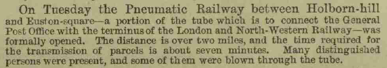 The Pneumatic Railway between Holborn-hill and Euston-square formally opened